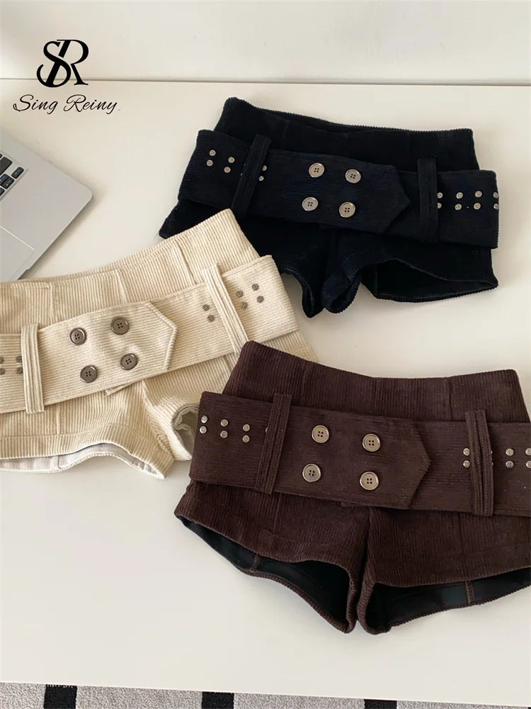 Retro Corduroy Button Detail Low Waist Shorts for Women