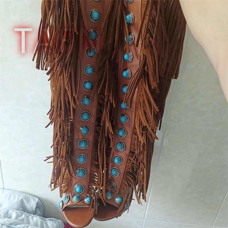 Open Toe High Heel Fringe Tassel Gladiator Sandals for Women