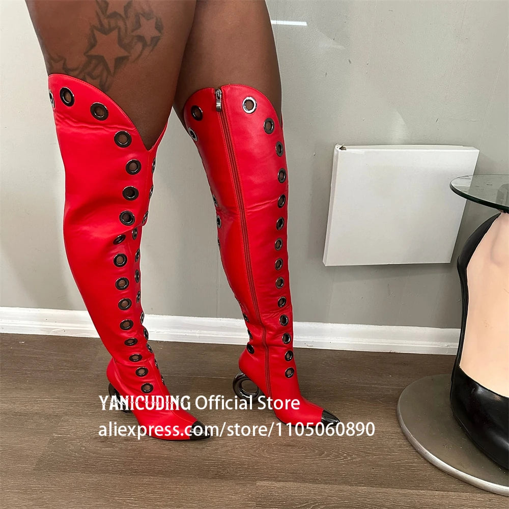 Metal Eyelet Pointed Toe Over The Knee Boots for Women