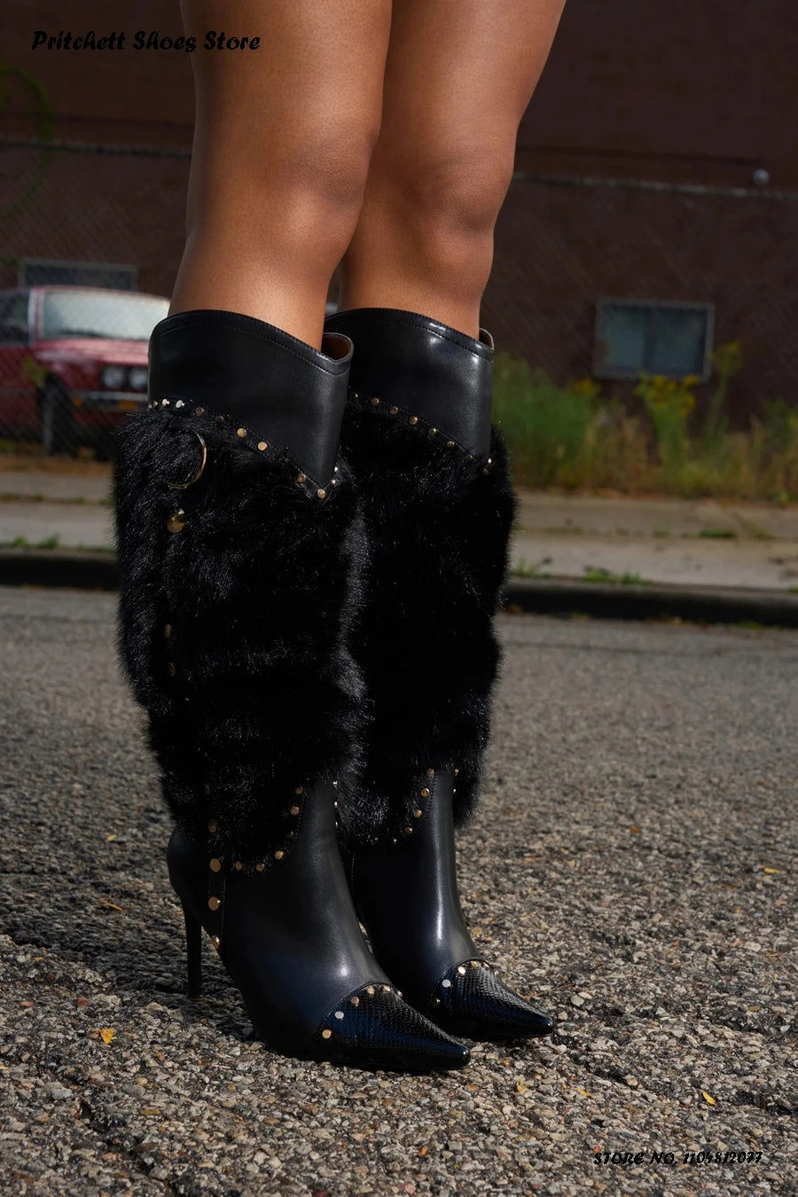 Studded Faux Fur Knee High Open Toe Stiletto Boots for Women