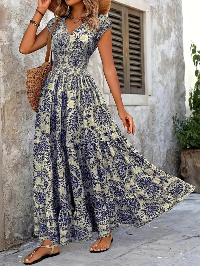 Bohemian Floral Printed V Neck Midi Dress For Women