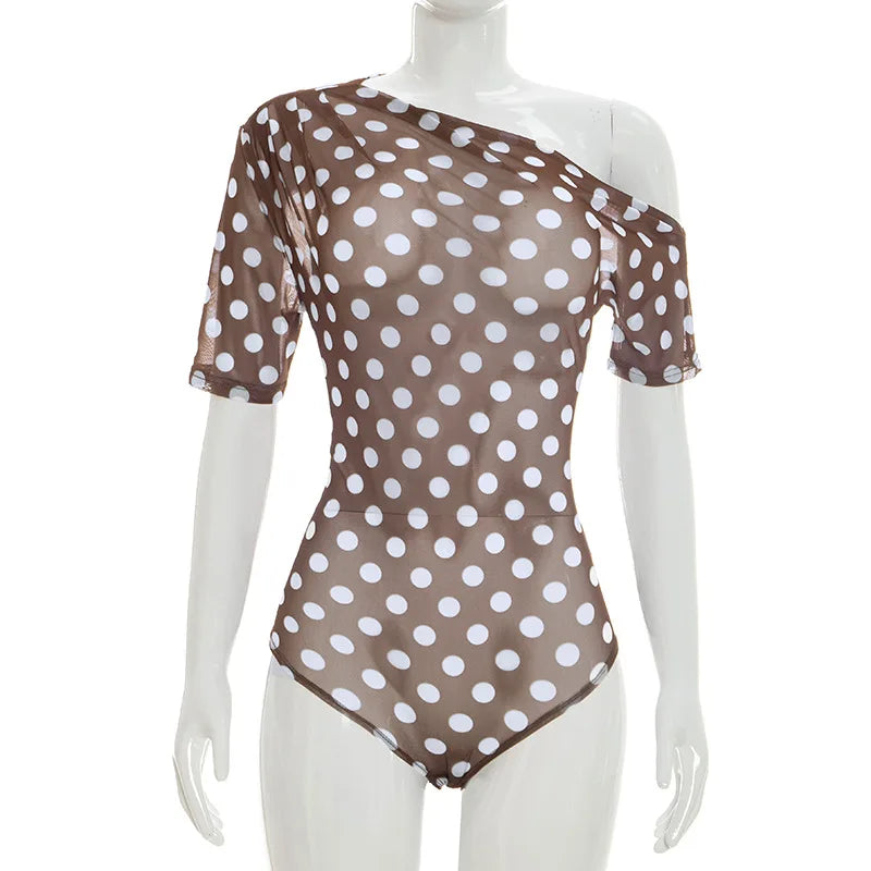 Off Shoulder Polka Dot Mesh See Through Two Piece Set for Women