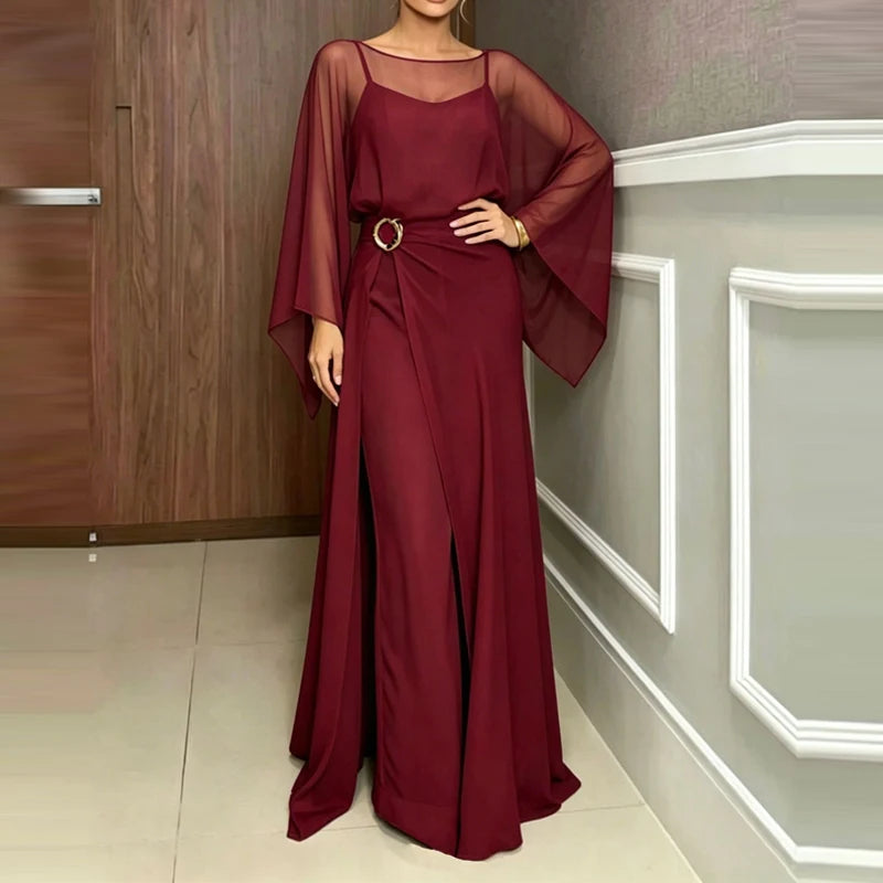Elegant O-neck Cover Up Playsuit Match Off Shoulder Romper Women Fashion Chiffon Overalls Long Sleeve Solid Wide Legger Jumpsuit