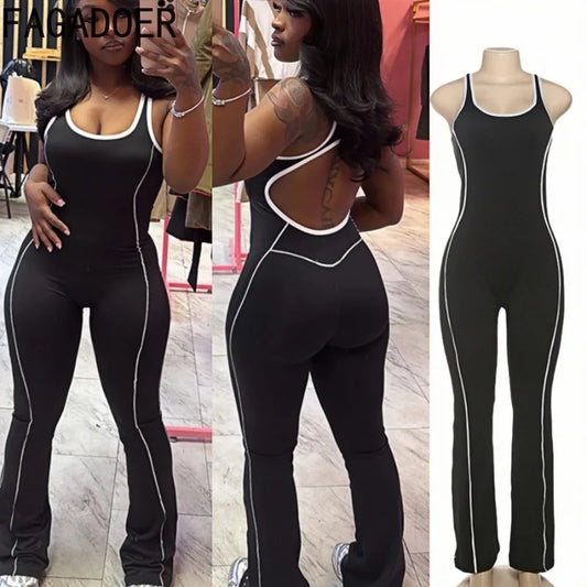 FAGADOER Fashion Striped Patchwork Bodycon Jumpsuits Women Sleeveless Backless Hollow Out Rompers Female Streetwear Overall New