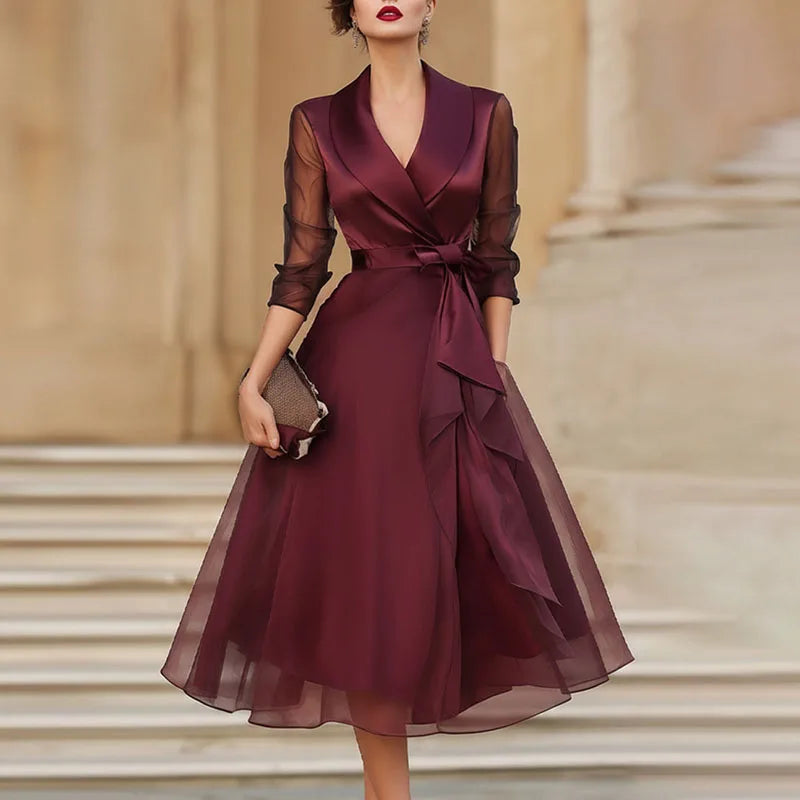 Satin A-Line Midi Dress With Sheer Sleeves for Women