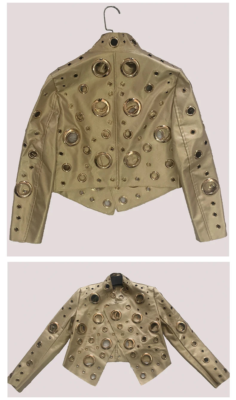 Sequin Hollow Out Patchwork Faux Leather Jacket For Women