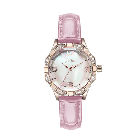 Small Rhinestones Julius Lady Women's Watch Mother-of-pearl Japan Quartz Fashion Hours Bracelet Leather Girl's Gift No Box