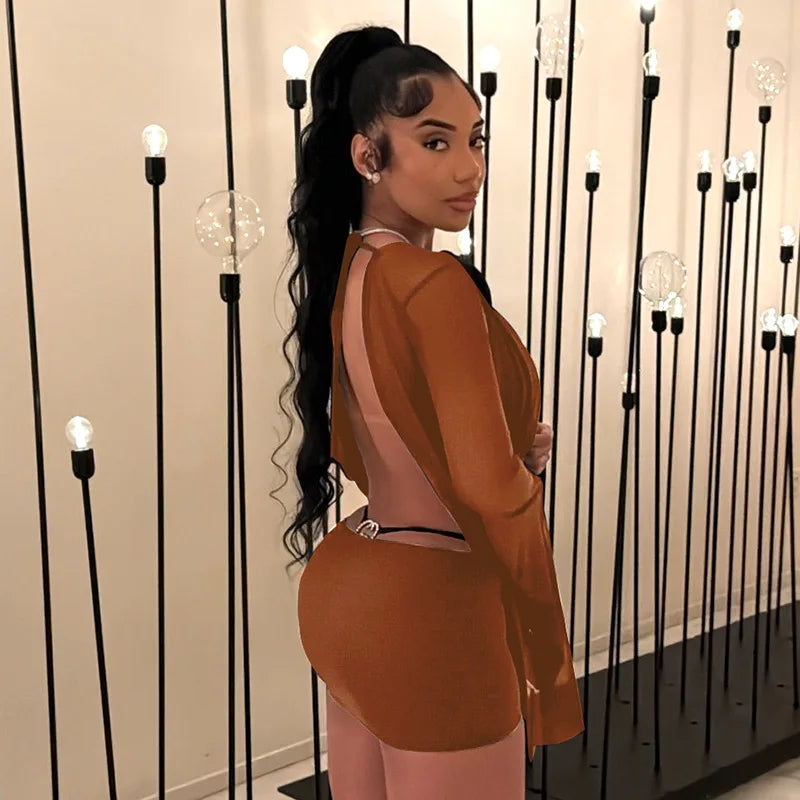FAGADOER Sexy Mesh See Through Mini Bodycon Dress Women Long Sleeves Deep V-neck Irregular Dresses Female Streetwear Vestidos