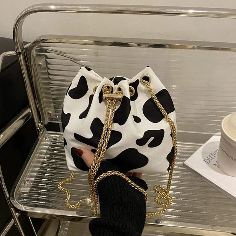 New Leopard Print Bag Fashion Cow Pattern Drawstring Bucket Bag Texture Brand Design Crossbody Bag Lady Versatile Storage Bag