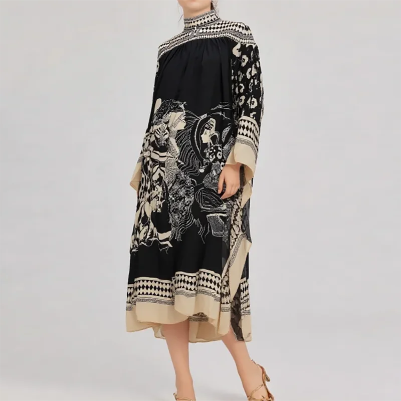 Retro Print Three Quarter Sleeve Midi Dress for Women