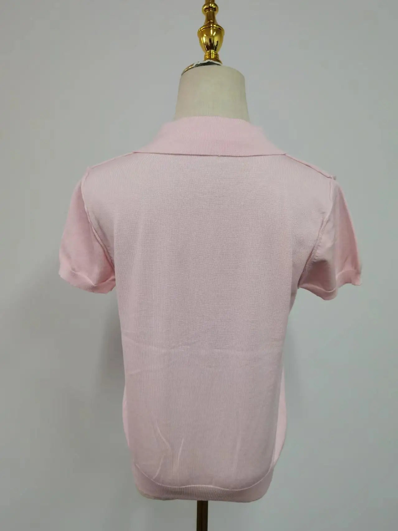 Casual Slim Fit Pink Breathable Knit Polo Top For Women