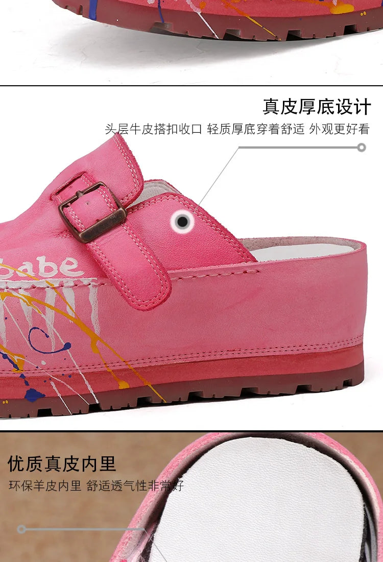 Hand Drawn Leather Platform Slippers with Round Toe for Women