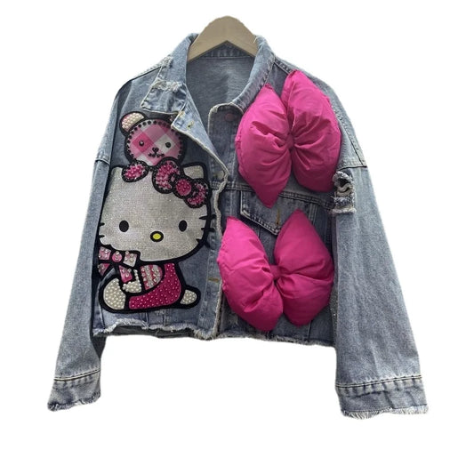MINISO Hello Kitty Cartoon Denim Jacket Women Spring Autumn Sanrio Anime 2024 New Fashionable Coat