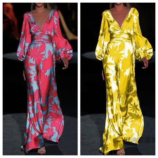 Printed Dress For Women V-neck Sexy High Waist Lantern Sleeve Ladies Fashionable Vestidos Autumn New Long Evening Dresses