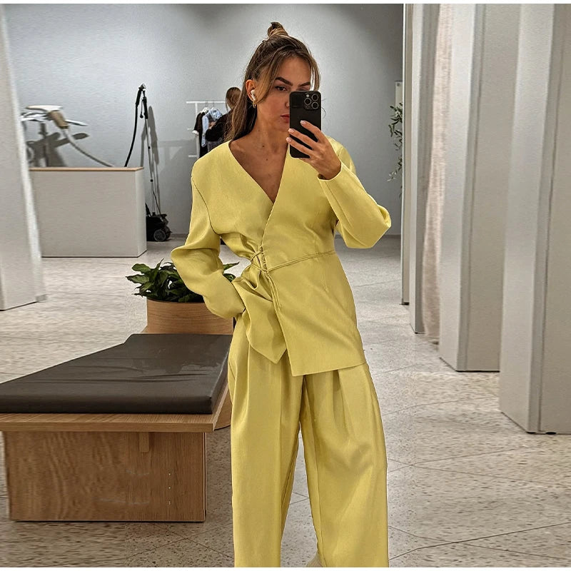 Lace Up Jacket and Wide Leg Pants Suit Set for Women