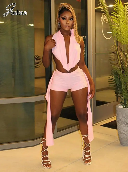 Joskaa 2025 Summer Beach Style 2 Piece Sets Women Sexy Backless Bandage Halter Tops and Ribbons Shorts Matching Vacation Outfits