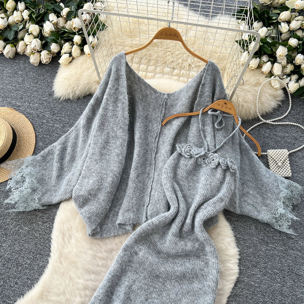 Lace Trim Knit Cardigan and Floral Halter Dress Set for Women