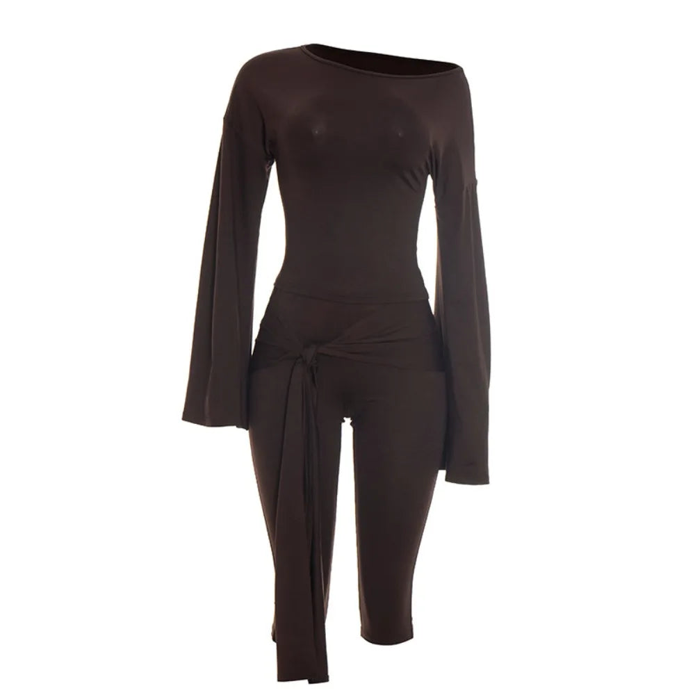 Slash Neck Two Piece Crop Top And Capri Pants Set for Women