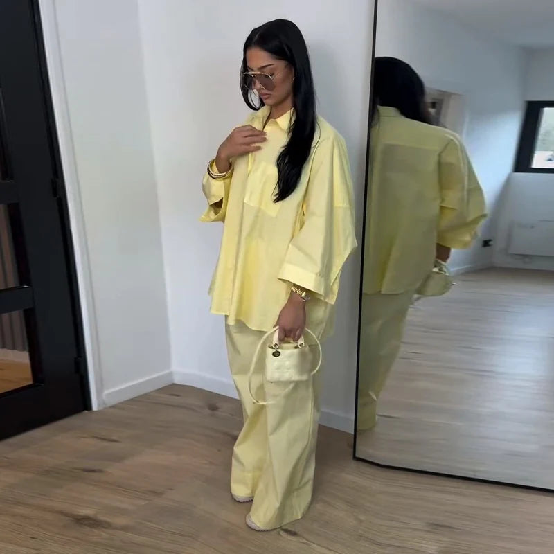 Casual Solid Shirt and Wide Leg Pants Set for Women