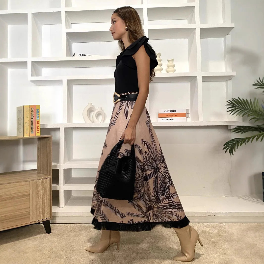 Vintage Plant Printed Hem Tassel Skirts For Women 2025 Spring Autumn New A-line Holiday Party Skirt Fashion All-match Vestidos