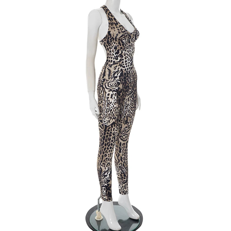 Leopard Print Sleeveless Jumpsuit with Stretch for Women