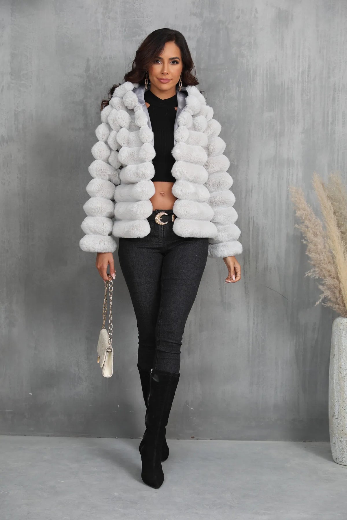 Warm Hooded Short Faux Fur Coat With Turn Down Collar for Women