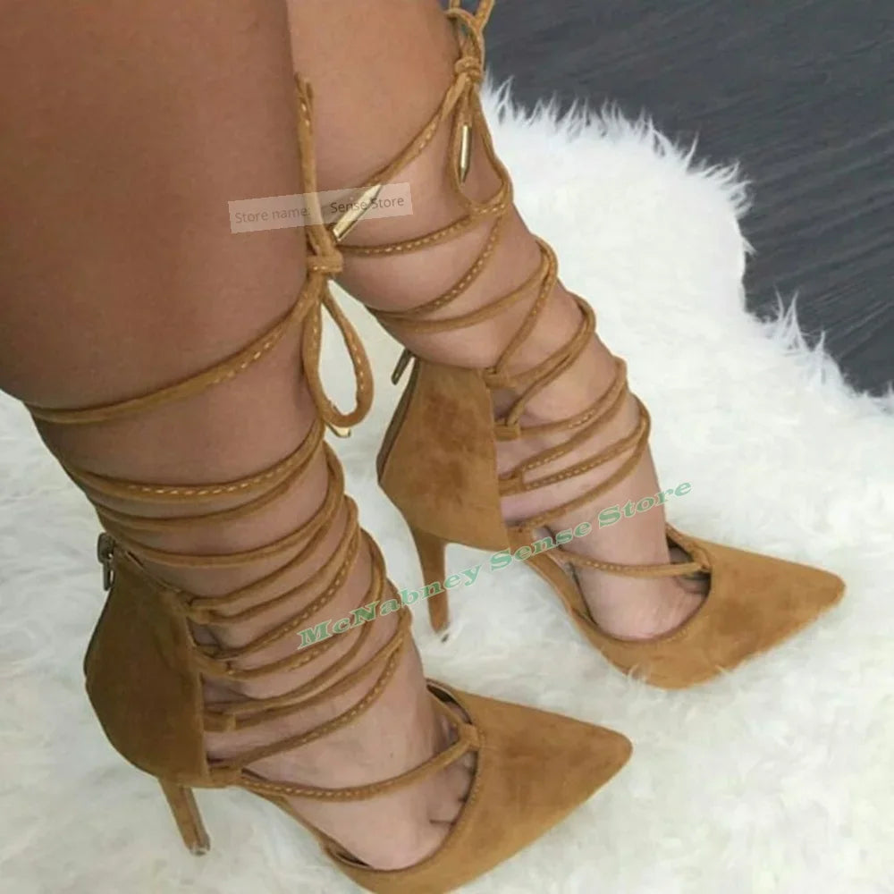 Lace Up Cross Tie Suede Pointed Heeled Sandals For Women