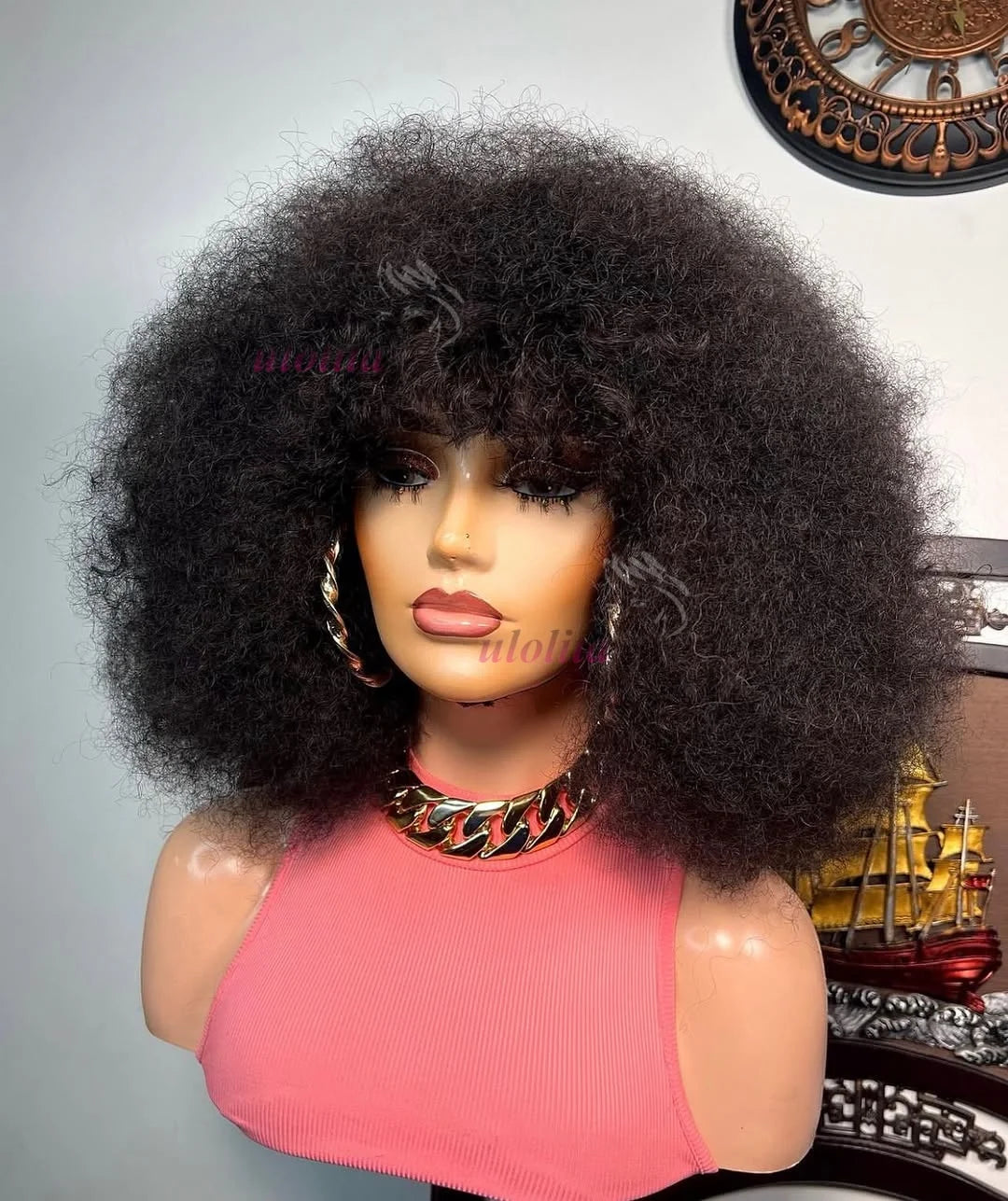 Wig With Bangs Full Machine Wig Remy Brazilian Human Hair For Black Women Afro Kinky Curly
