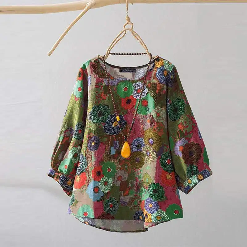 ZANZEA Women Long Sleeve Blouse 2024 Autumn Retro Floral Print Shirts Vintage Office Lady Cotton Chemise Holiday Round Neck Tops