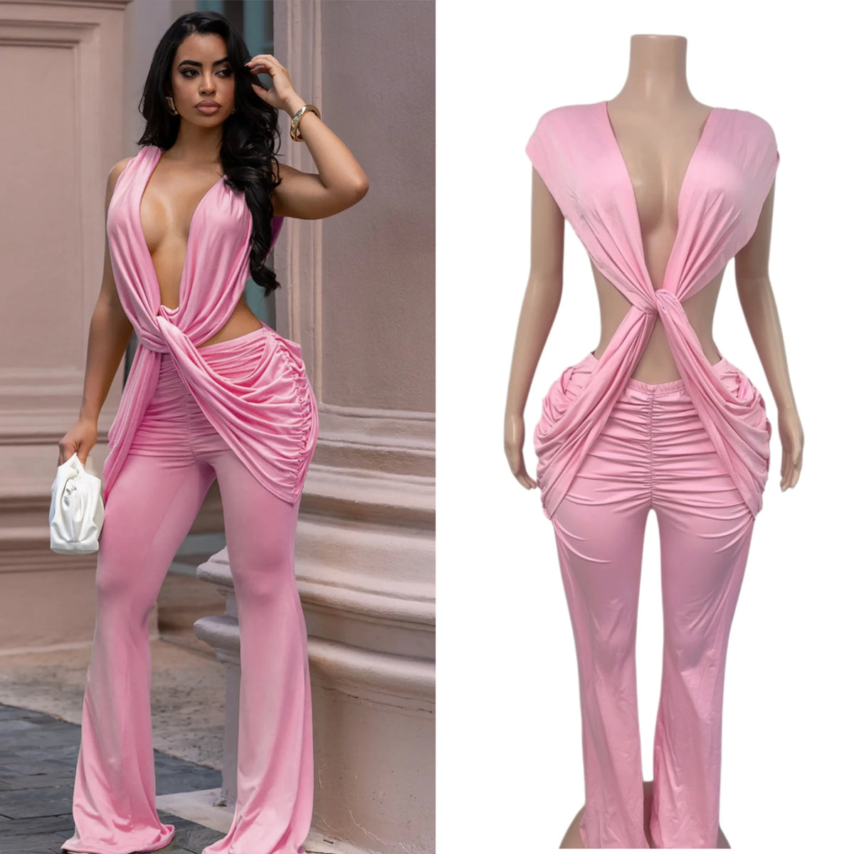 Halter Deep V Neck Ruched Flare Jumpsuit for Women