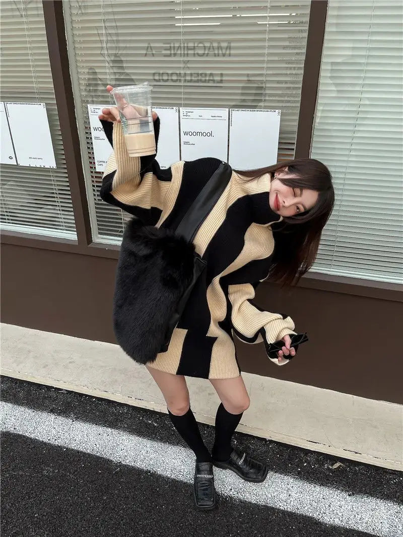 Relaxed Fit Striped Turtleneck Knit Sweater for Women