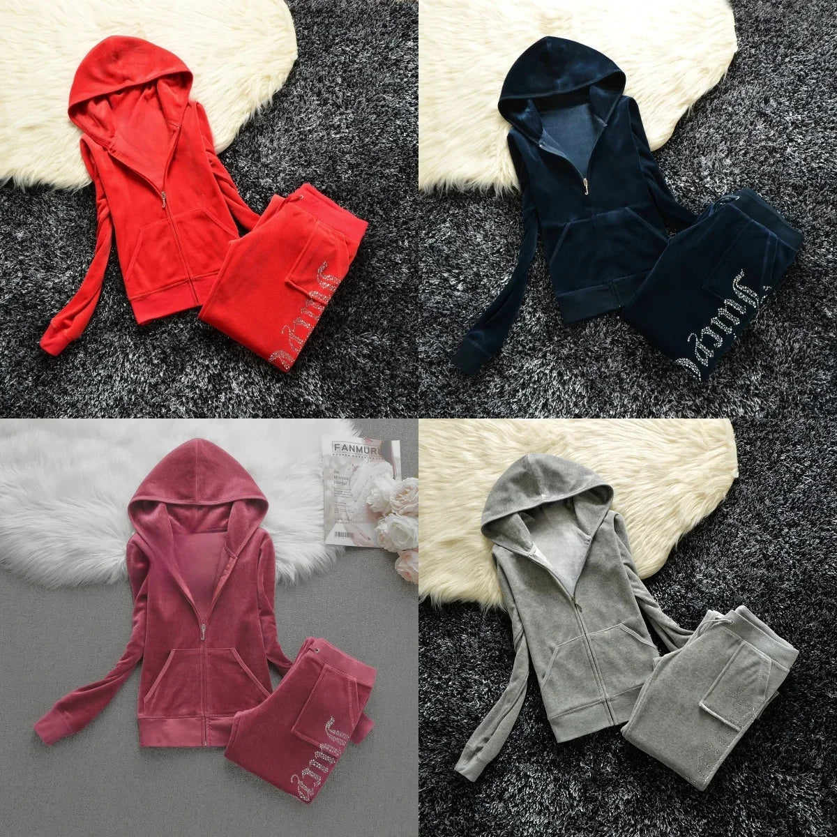 Y2K Velvet Rhinestone Two Piece Tracksuit Set for Women