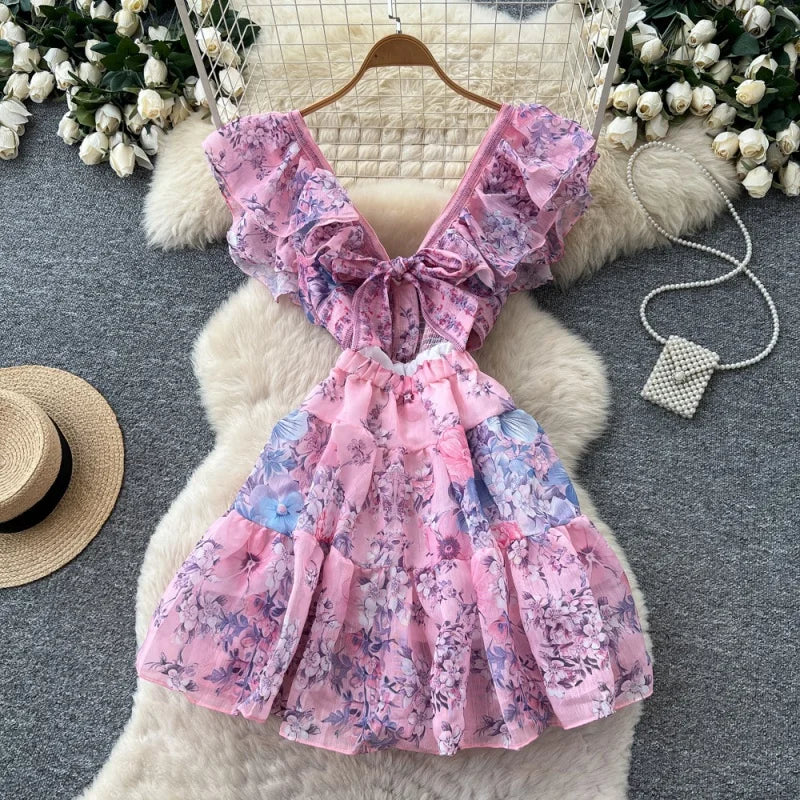 Boho Summer Floral Ruffle Cutout Mini Dress for Women