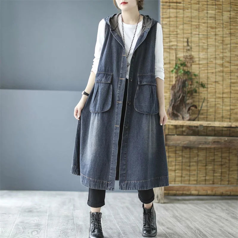 Loose Fit Hooded Denim Vest With Big Pockets For Women