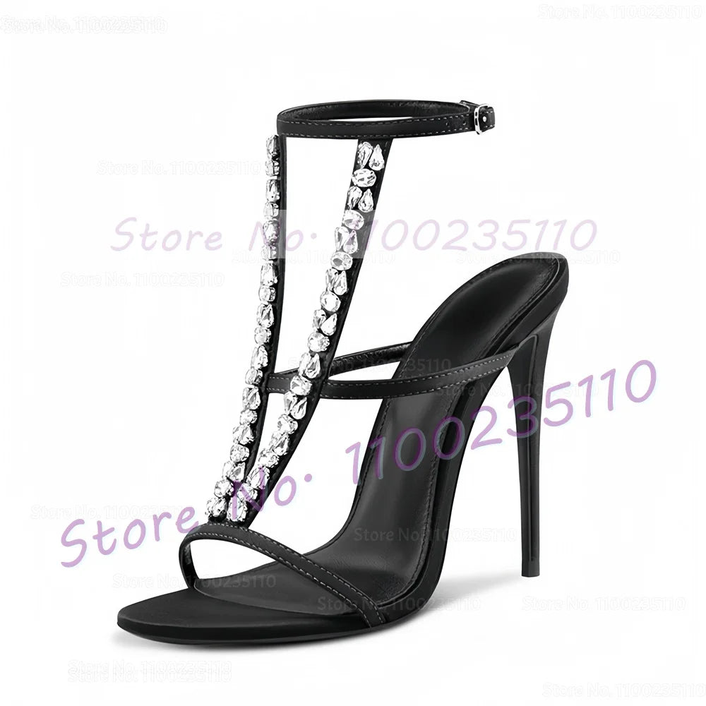V-Design Crystal Upper Satin High Heels Sandals Women Luxury Fuchsia T Strap Shoes Ladies Sexy Party Ankle Strap Gems Sandals