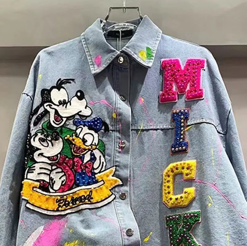 Cartoon Embroidered Shirt Women's Medium And Long Loose Versatile Denim Jacket 2025 Autumn New Fashion Single-breasted Outerwear
