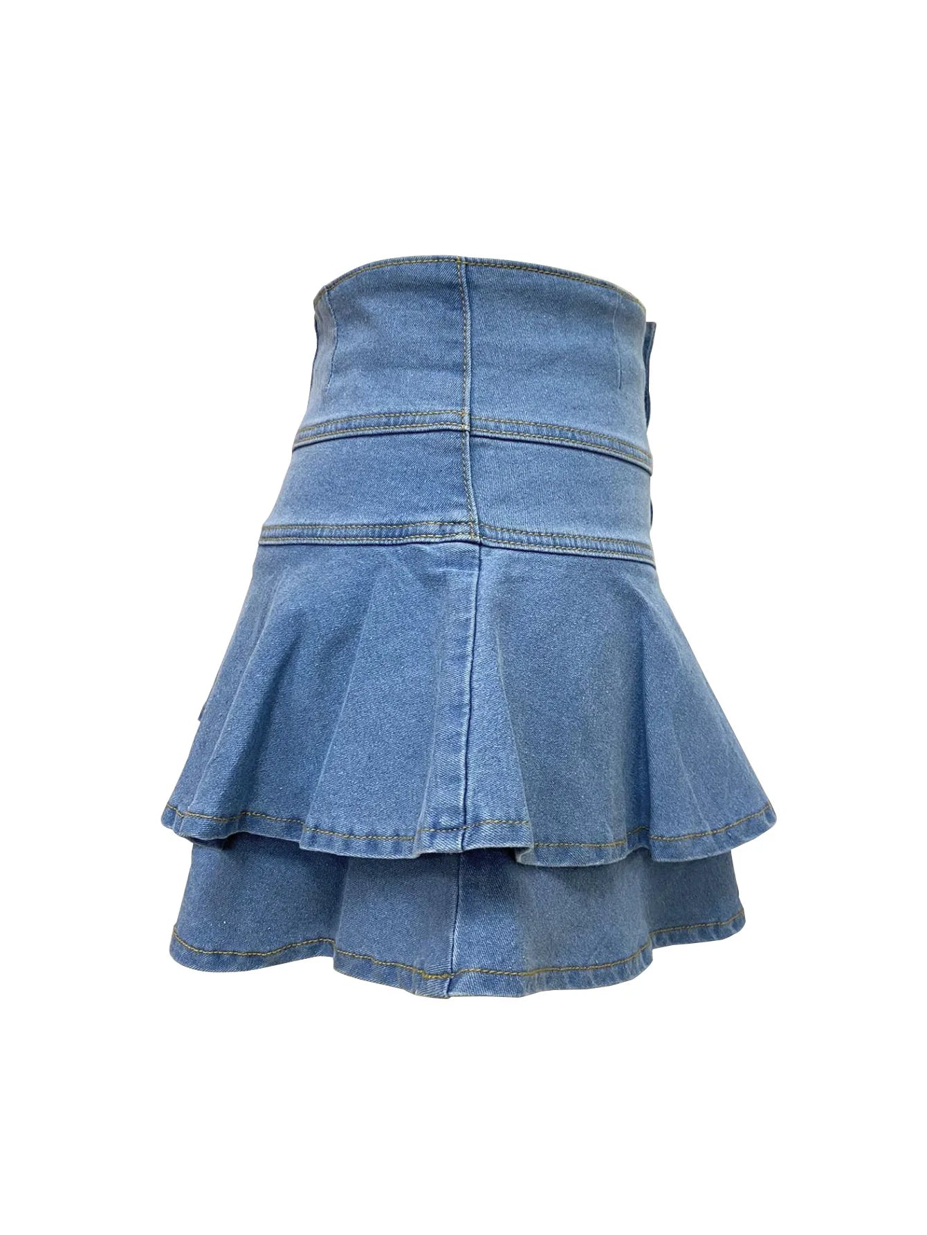 FAGADOER Fashion Ruched Patchwork Bodycon Denim Pleated Skirt Woman Solid Color Buttons Jeans Skirts Female Streetwear Bottoms