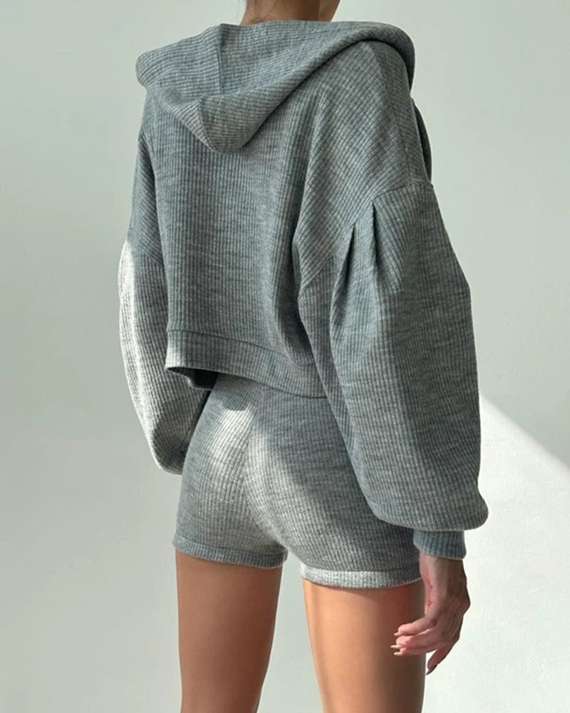 Ribbed Solid Color Three Pieces Sporty Suit Bra & Shorts and Lantern Sleeve Hooded Sweatshirt Coat Casual Suit