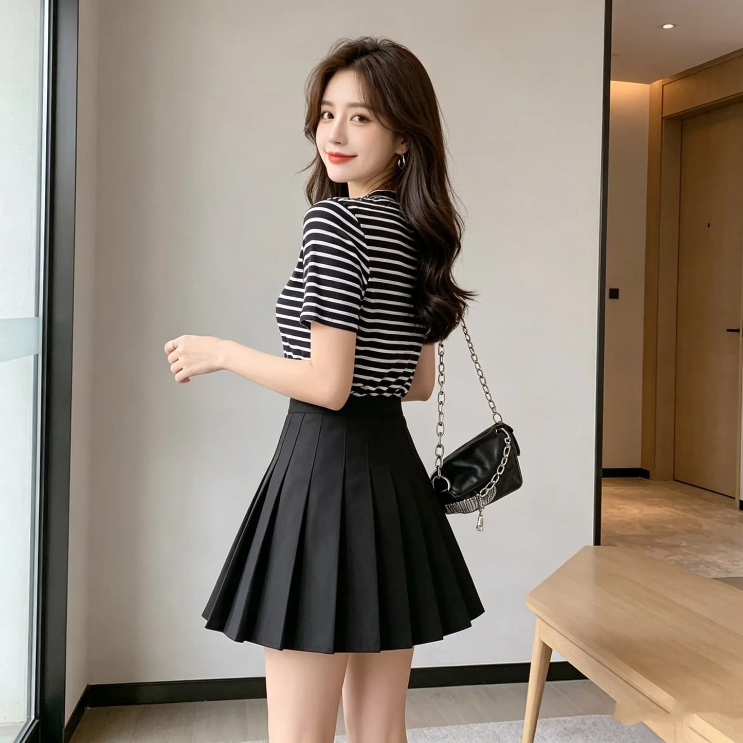 White High Waist Pleated Mini Skirt With Built In Shorts For Women