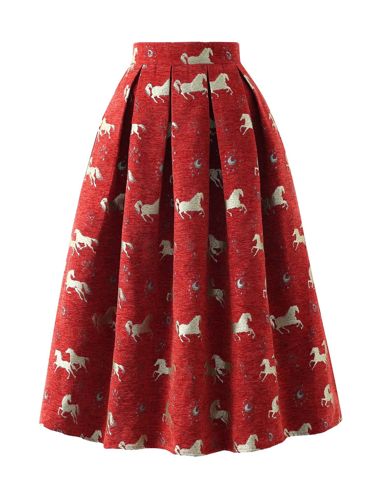 High Quality New Year Red Autumn Winter Vintage Jacquard Mid-long Women A-line Skirt Elegant High Waist Lady Casual Puff Skirts