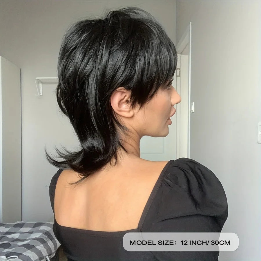 Short Black Shaggy Layered Mullet Wig For Women With Bangs