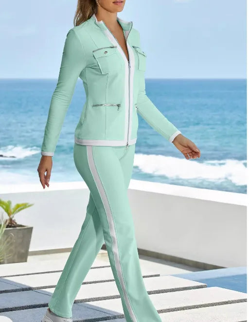 Casual Slim Fit Zipper Top And Sport Pants Set for Women