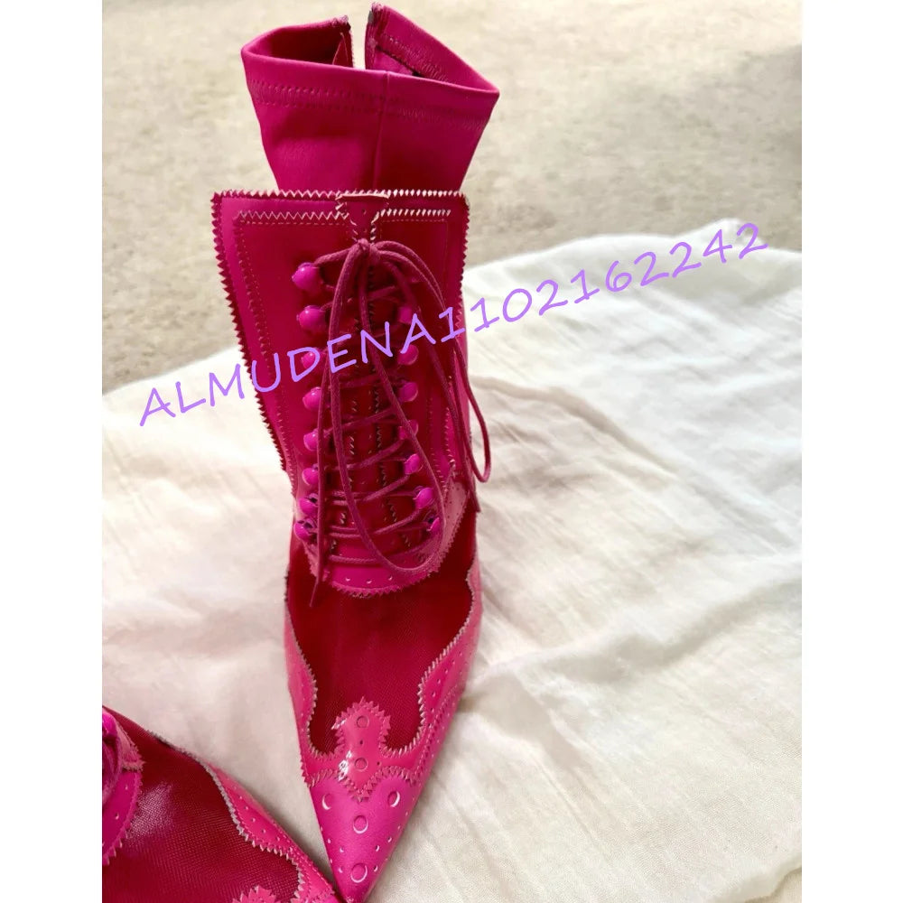 Pink Mesh Pointed Toe Lace Up Stiletto Ankle Boots for Women