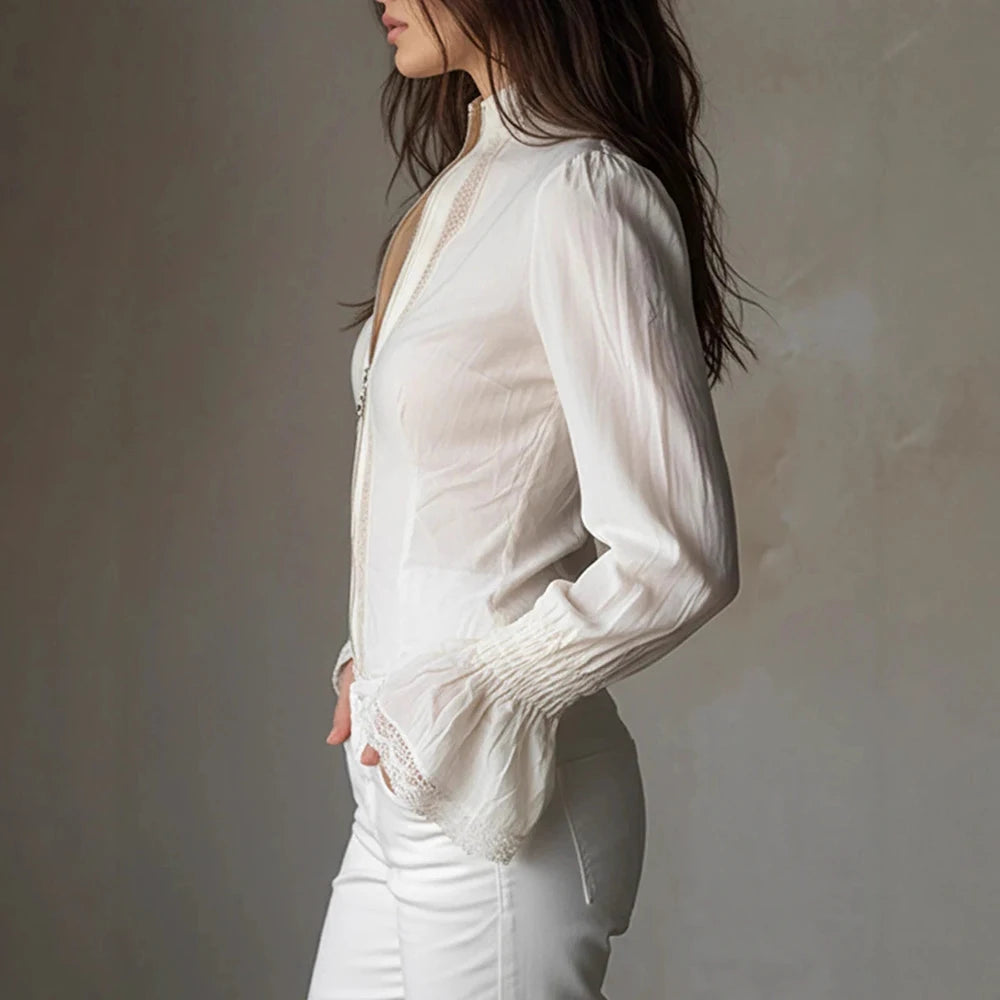 White Lace Patchwork Bell Sleeve Blouse With Ruffles For Women