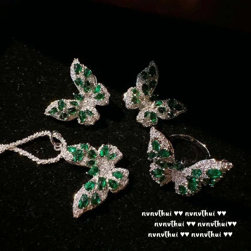 Green Zircon Butterfly Necklace, Ring, and Earring Set for Women
