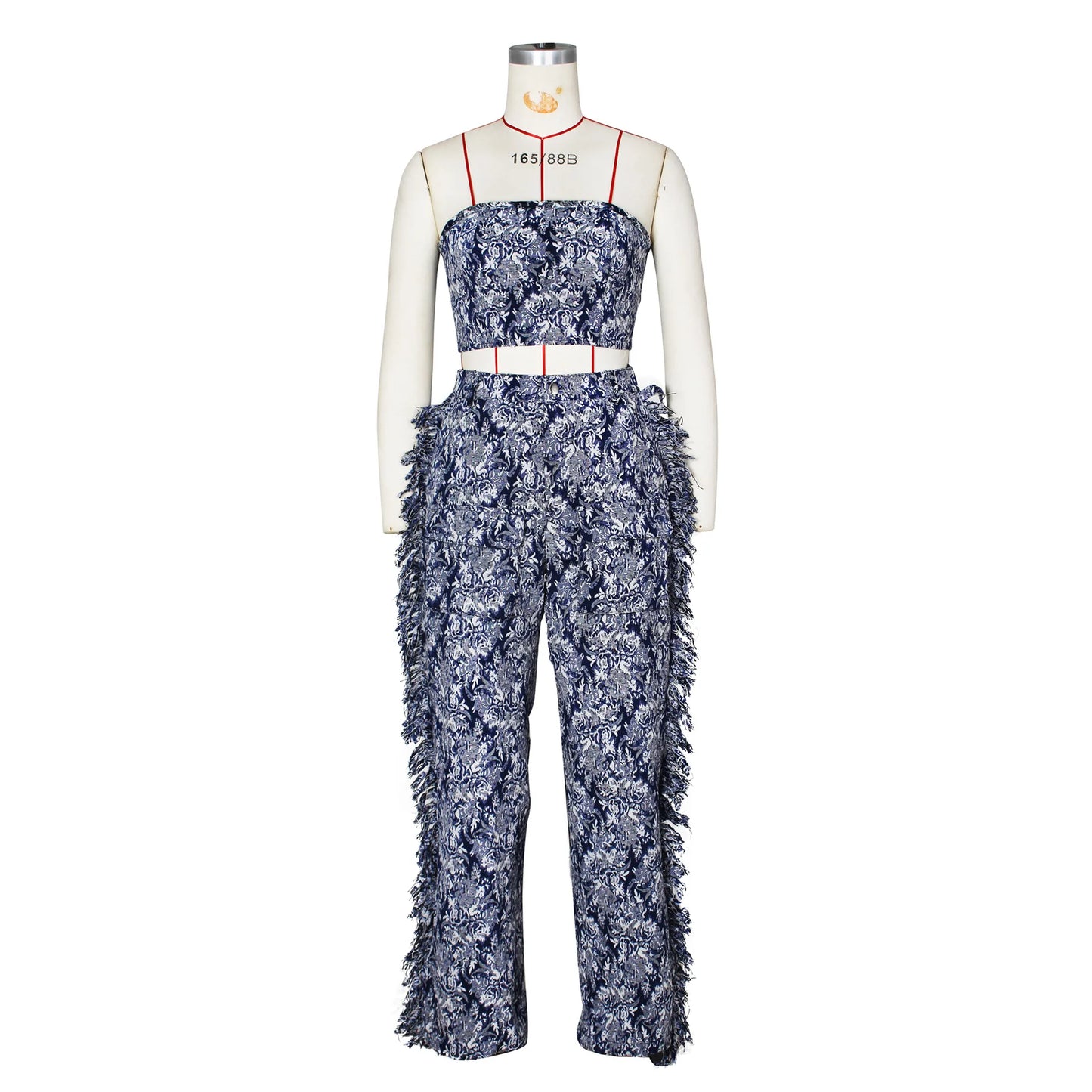 Floral Print Strapless Knitted Two Piece Cargo Pants Set for Women