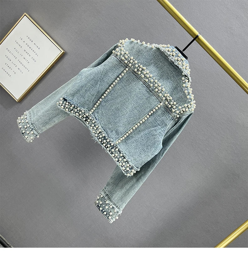 Rhinestone Studded Beaded Denim Lapel Jacket For Women