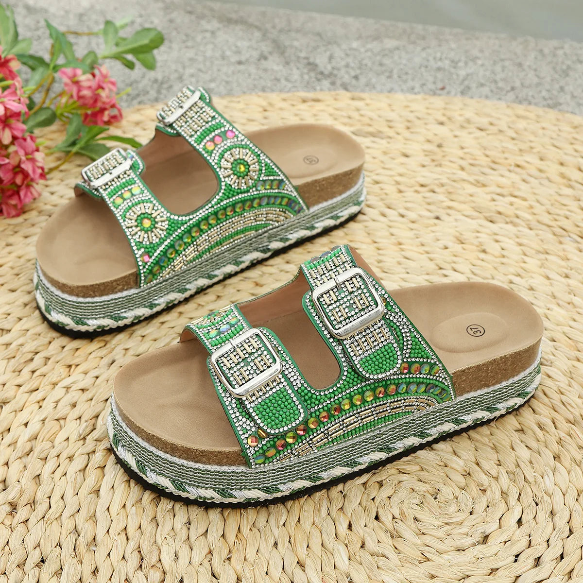 Bohemian Rhinestone Embroidered Platform Sandals For Women