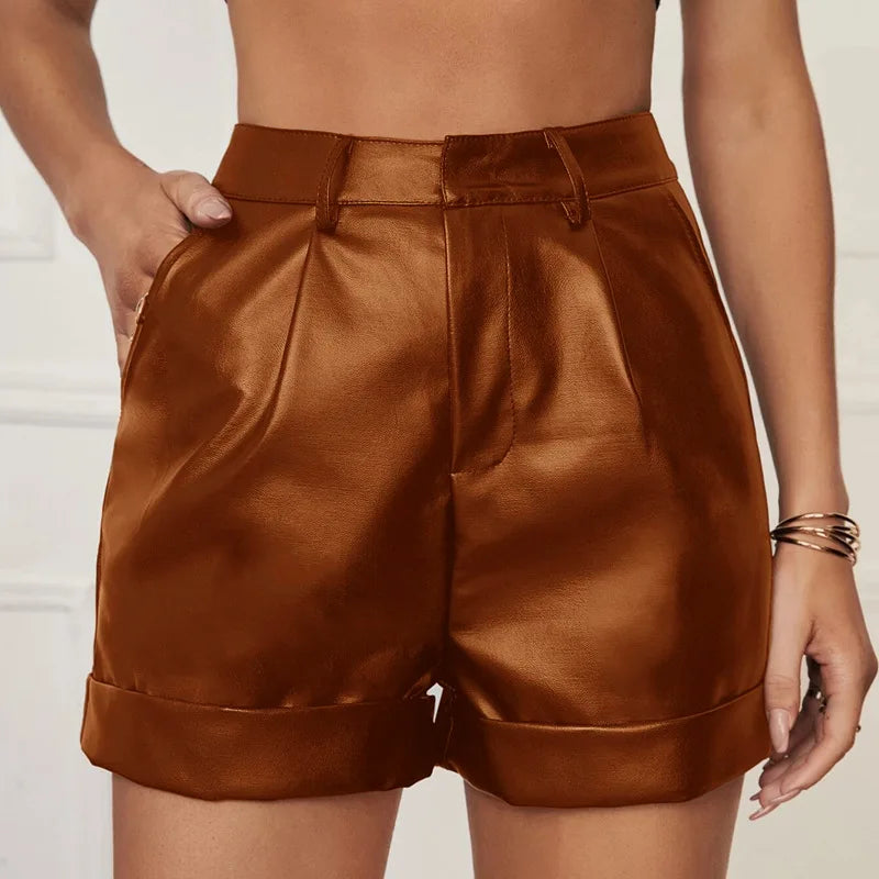 Faux Leather Mid Waist Pocketed Casual Shorts for Women