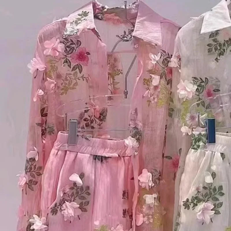 Breathable Embroidered Floral Chiffon Two Piece Set for Women